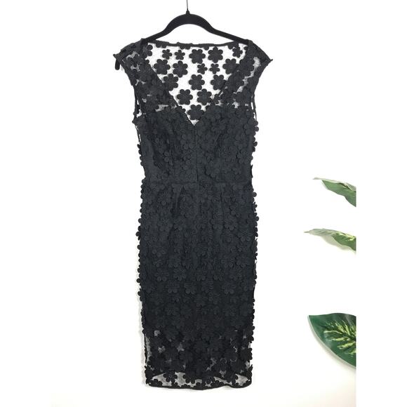 Milly Mari Floral Applique Sheath Lace Overlay Black Short Dress 4 LBD Cocktail - Picture 2 of 13